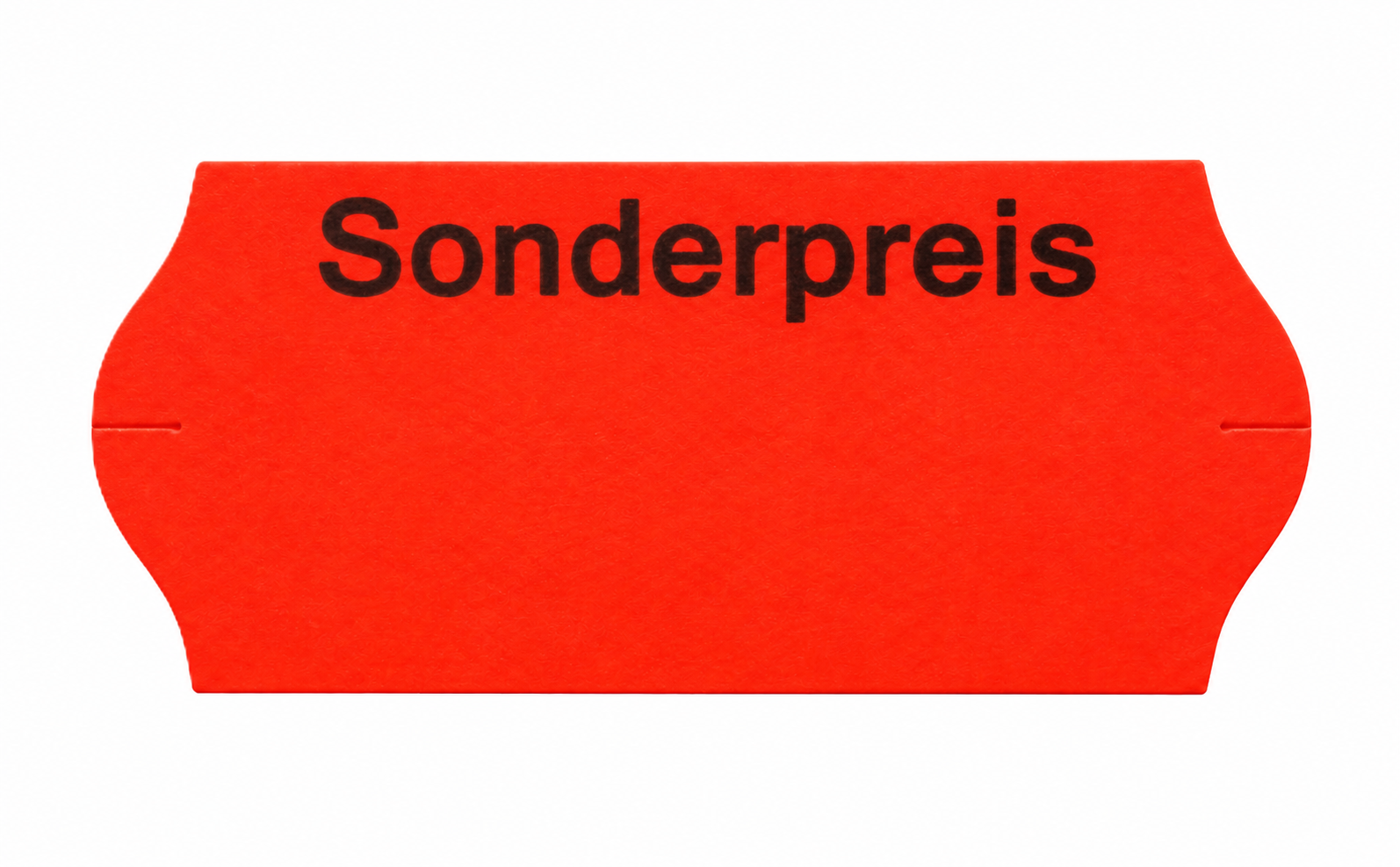 Sonderpreisschild, Papieretikett, rot, schwarzer Aufdruck, Preisschild, Sonderpreis-Aufdruck, rot, geschwungene Form