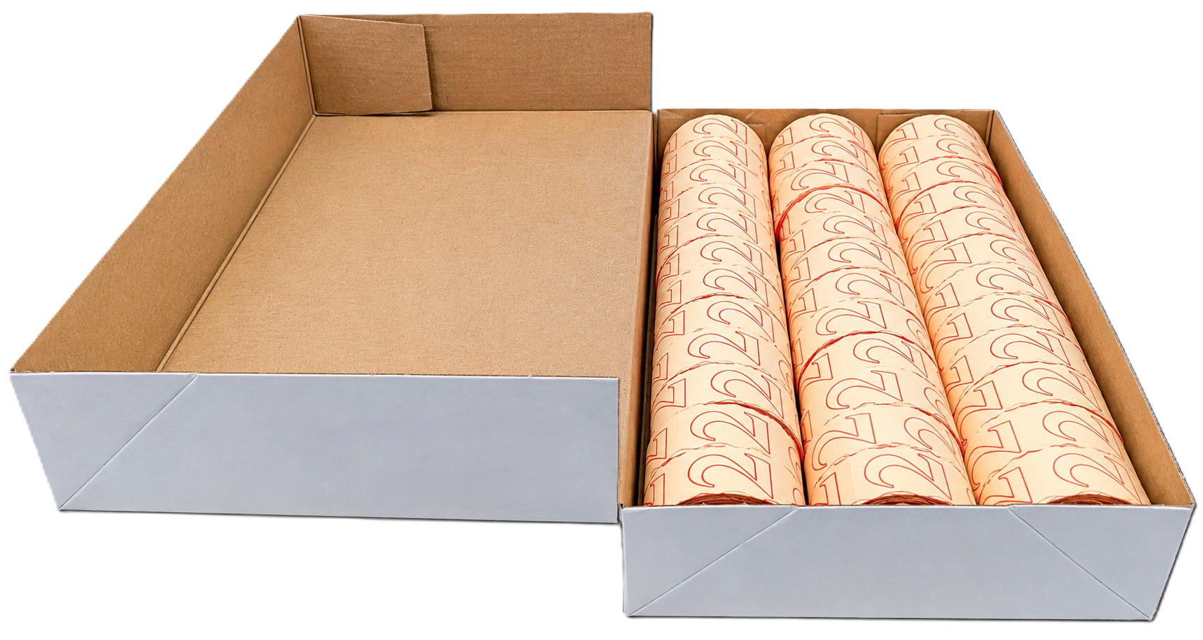 Geschenkpapier, Papierrollen, Zahlenmuster, Rot-weiß, Kartonverpackung