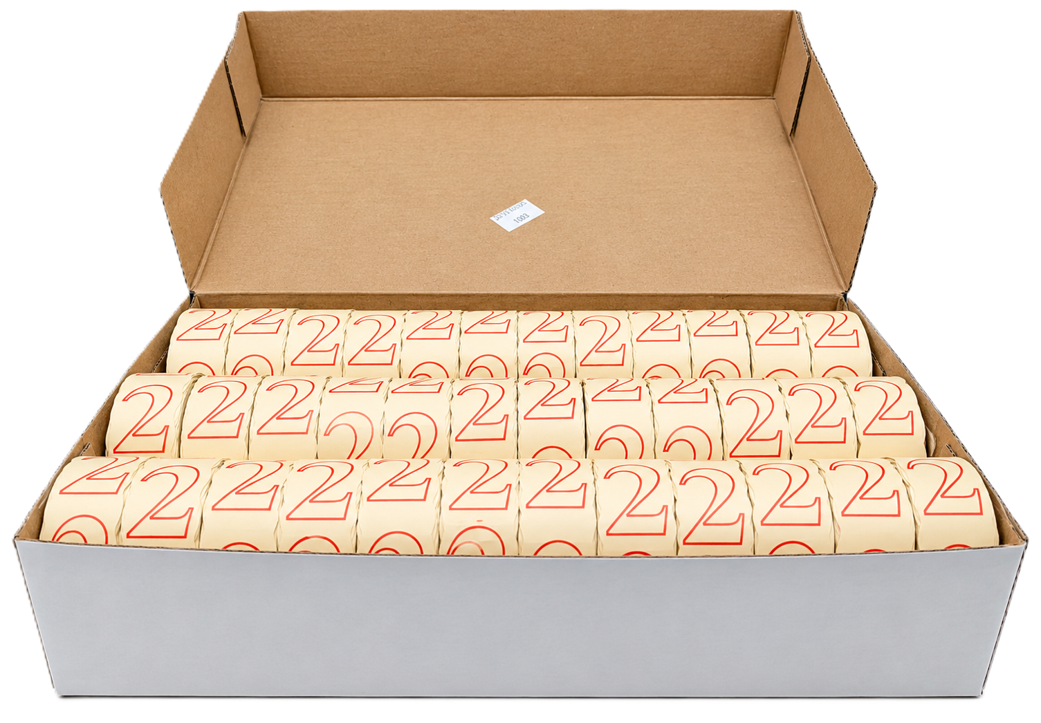 Papierrollen, Zahlendruck, cremefarben, rote Ziffern, Großpackung, Papierrollen, Beige Verpackung, Rote Zahl 2, Großpackung, Kartonbox