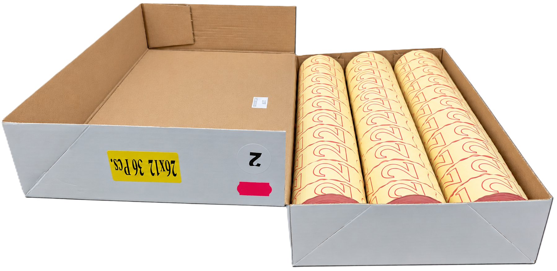 box, Pappe, Verpackung, Rollen, Pfirsichmuster, Papierrollen, gelb-rot, Zahlenmuster, Dreierpack