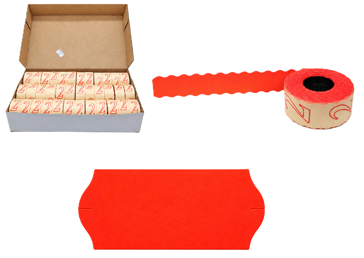 Preisauszeichneretiketten, Etikettenrolle, rot, Papieretiketten, Wellenschnitt, Preisauszeichner-Etiketten, Etikettenrolle, Papieretiketten, Rot, Wellenrand