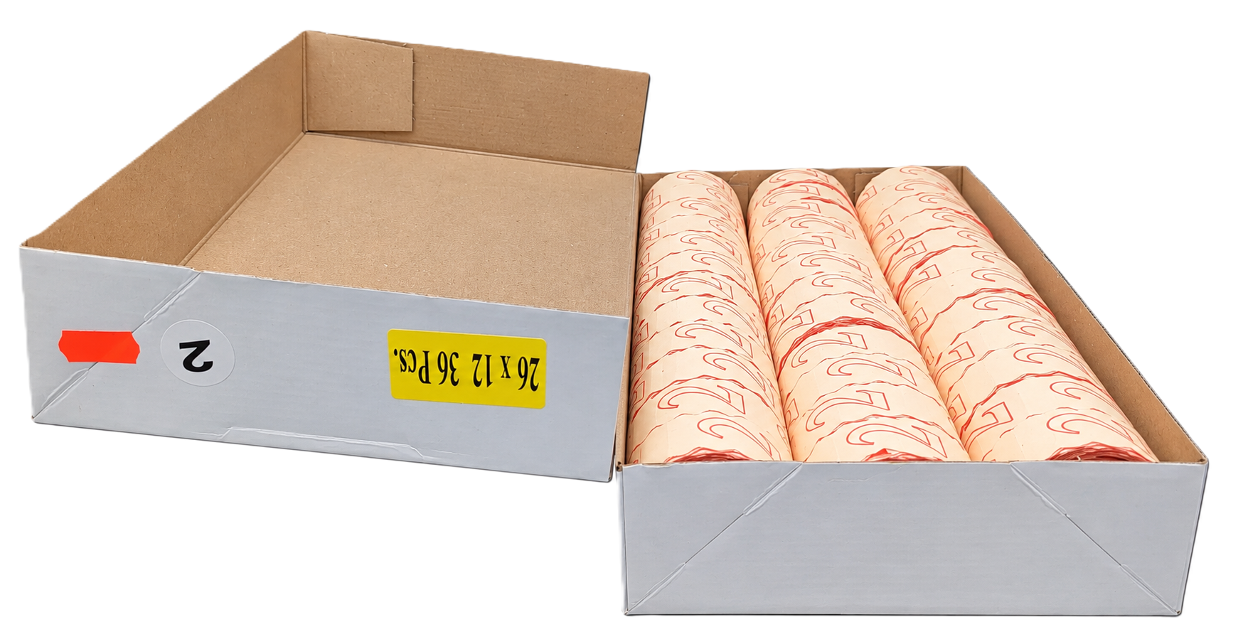 Papierrollen, bedrucktes Papier, Rollenware, rot-beige, Kartonverpackung, Verpackungspapier, Papierrollen, bedrucktes Papier, orangefarbenes Muster, Kartonverpackung, Papierrollen, Bedrucktes Papier, Beige-rot, Kartonverpackung