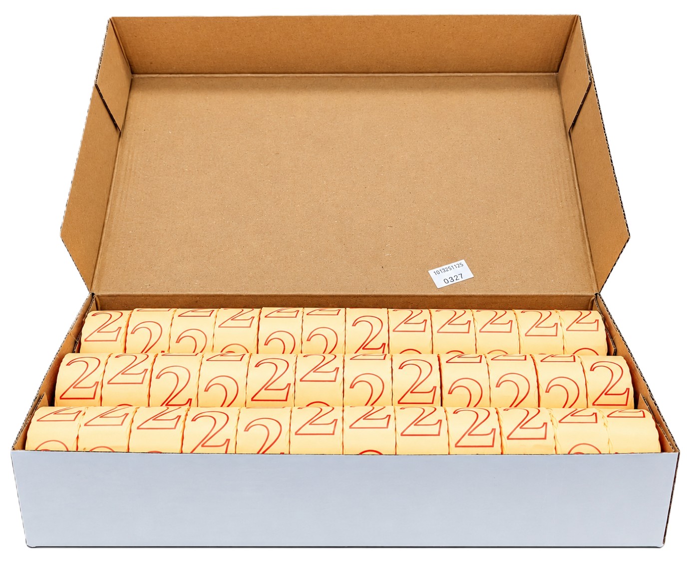 Kartonbox, verpackte Würfel, Ziffer 2, cremefarben, roter Aufdruck, Kartonbox, Papierverpackung, Ziffer 2, Beige, Rote Aufschrift