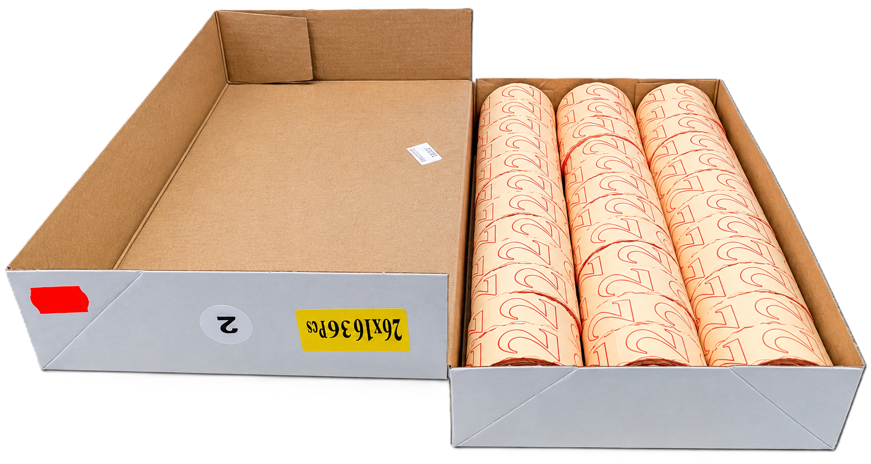 Thermopapierrollen, Kassenrollen, Papierrollen, Orangefarbener Aufdruck, Dreierpack, Papierrollen, cremeweißes Papier, roter Aufdruck, Dreierpack, Kartonverpackung, Transferfolie, Transferpapier, Rollenware, weiße Folie, rote Aufdrucke, Papierrollen, Rote