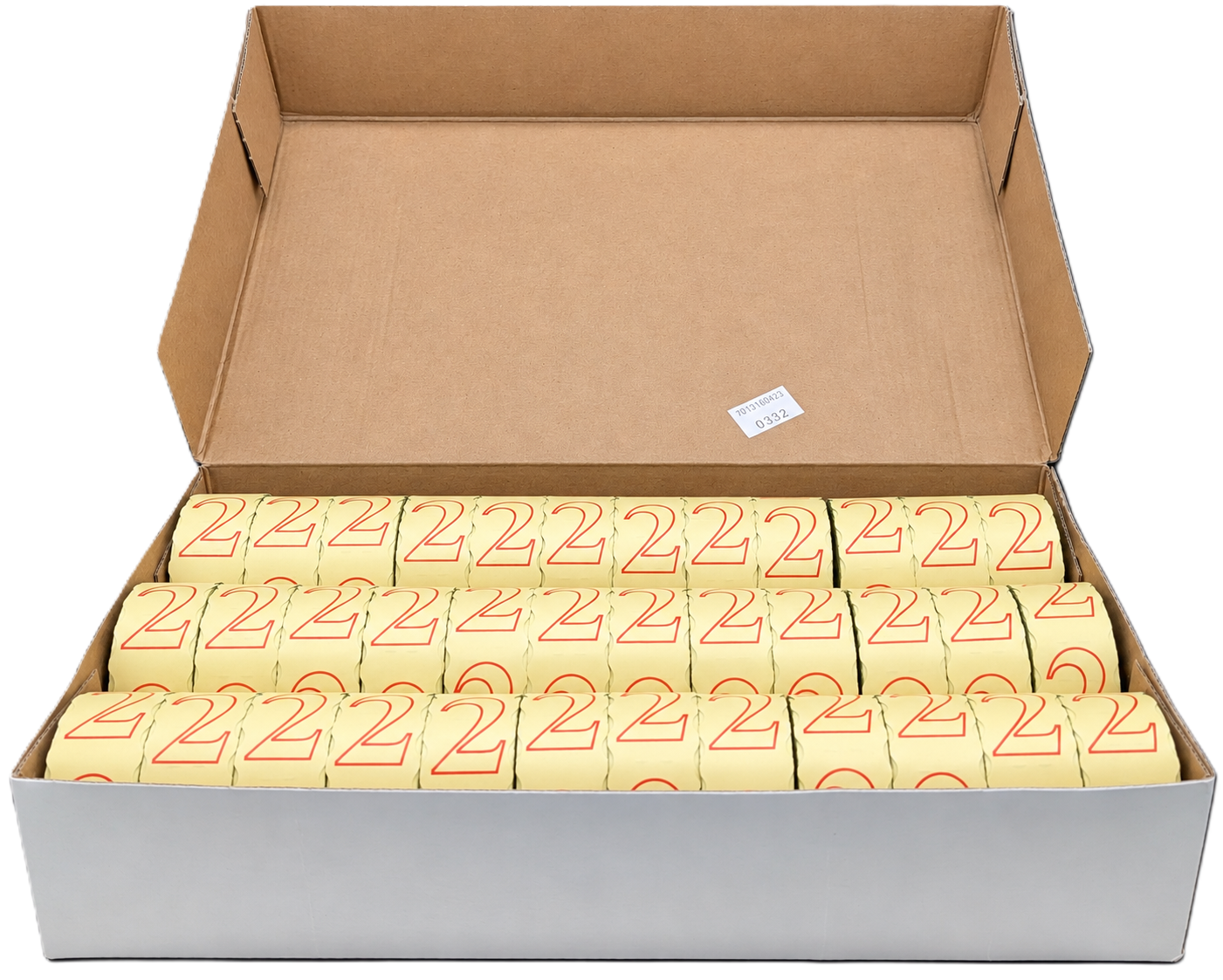 Etikettenrollen, Thermoetiketten, gelbes Papier, rote Aufdrucke, Versandetiketten, Etikettenrollen, Zahlenetiketten, Ziffer 2, gelbes Papier, Großpackung