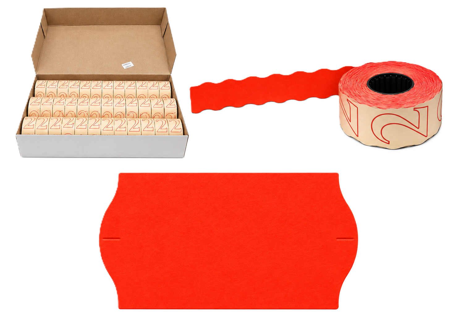 Preisauszeichner-Etiketten, Rote Etiketten, Rollenetiketten, Ziffer 2, Wellenrand, Preisauszeichneretiketten, Rollenetiketten, Rot, Ziffer 2, Wellenschnitt, Preisauszeichneretiketten, Rollenetiketten, Rot, Wellenrand, Ziffer 2, Preisschilder, Etikettenrol
