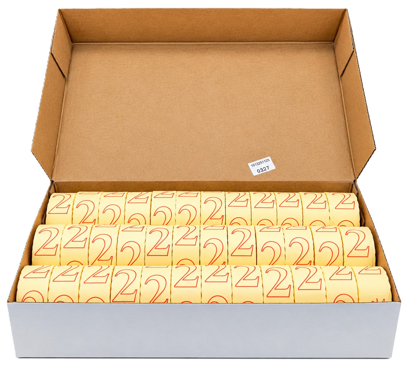 Etikettenrollen, Zahlenetiketten, gelb, rote Aufschrift, Kartonverpackung