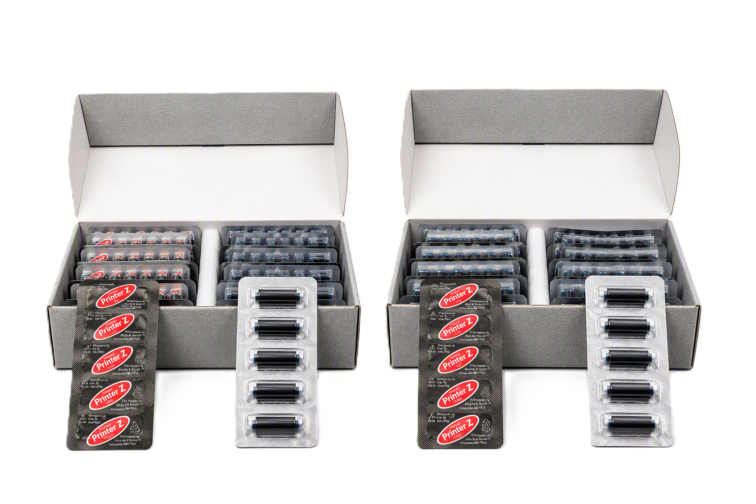 Drucker-Tinten, Tintenpatrone, Tintenpack, Drucker-Nachfüllung, Blisterpackung, Rasierklingen, Ersatzklingen, Großpackung, Blisterverpackung, Sortierbox, Druckerpatronen, Farbbandkassetten, Schwarz, Blisterverpackung, Sortierbox