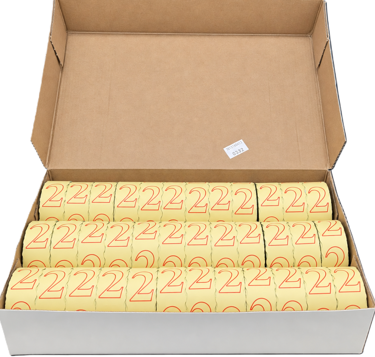 Etikettenrollen, Papieretiketten, gelb, rote Nummern, Kartonverpackung