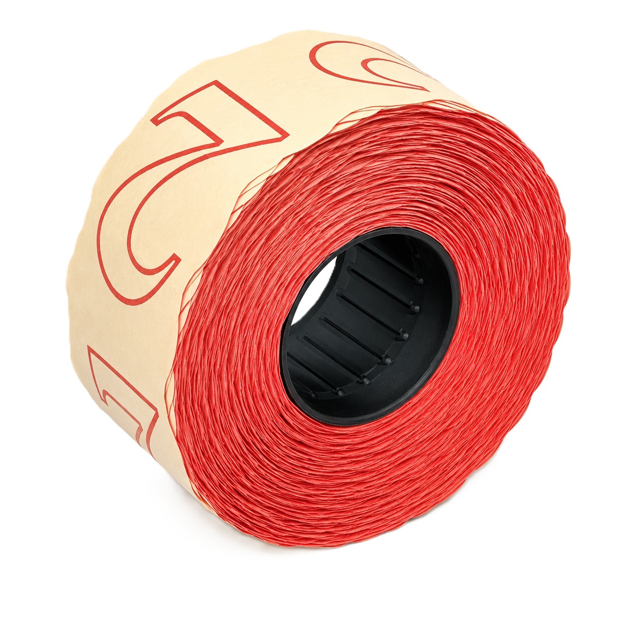 Rote Schnur, Kunststoffband, Schnurrolle, Schwarzer Rollenkern, Kunststoffschnur, rote Schnur, Kunststoffspule, aufgerollt, Preisauszeichner-Etiketten, Etikettenrolle, rot, Papieretiketten, selbstklebend