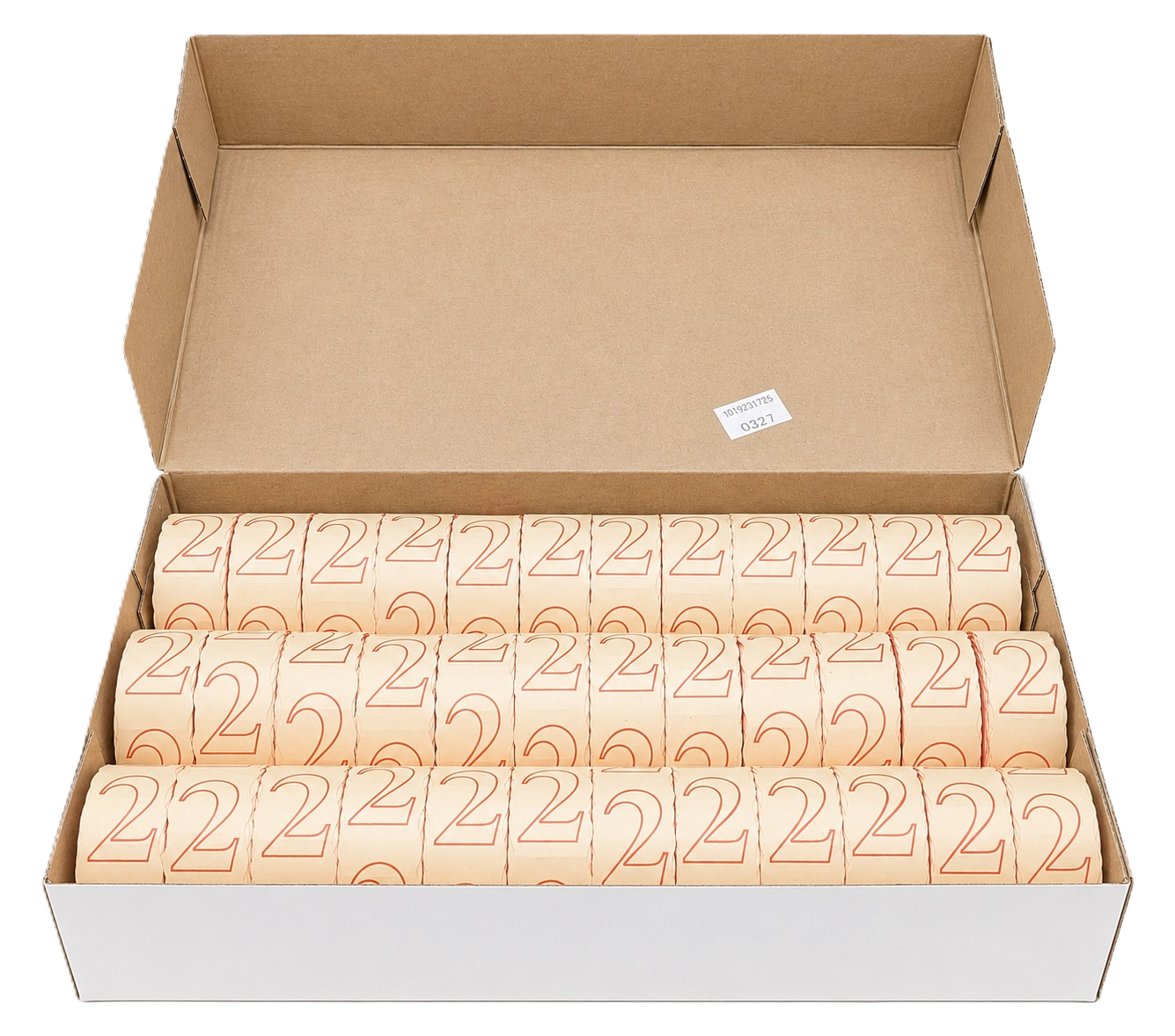 Kassenrollen, Papierrollen, Thermopapier, Zahlenaufdruck, Kartonverpackung, Bonrollen, Thermopapier, Papierrollen, Zahlenaufdruck, Beige, Etikettenrollen, Papieretiketten, Zahlenaufdruck, orangefarbene Schrift, Kartonverpackung, Kassenrollen, Thermopapier