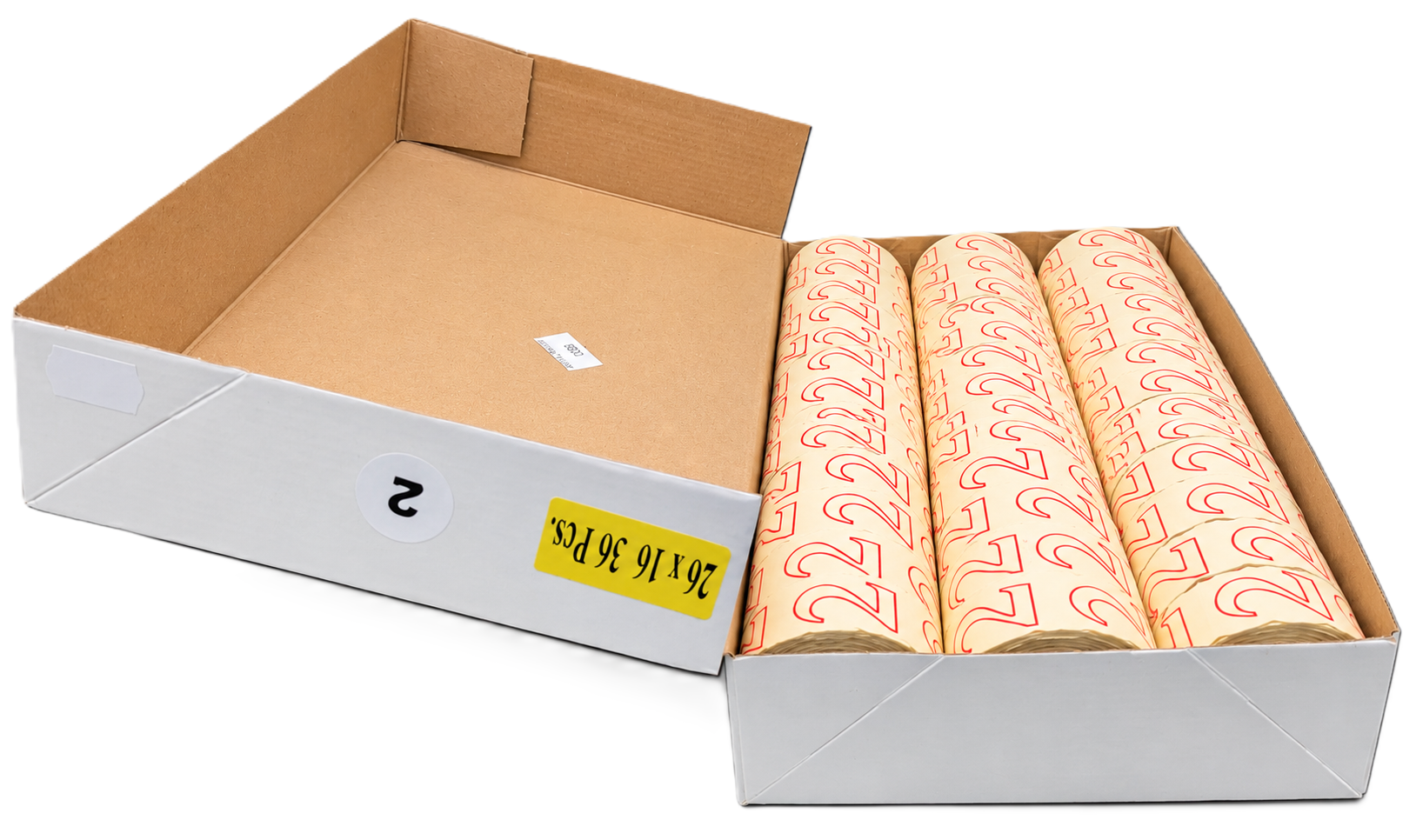 Kassenrollen, Thermopapier, Papierrollen, rote Druckschrift, Kartonverpackung, Papierrollen, Zahlenaufdruck, Beige, Rote Schrift, Kartonverpackung, Etikettenrollen, Papierrollen, rote Zahlen, drei Rollen, Kartonverpackung