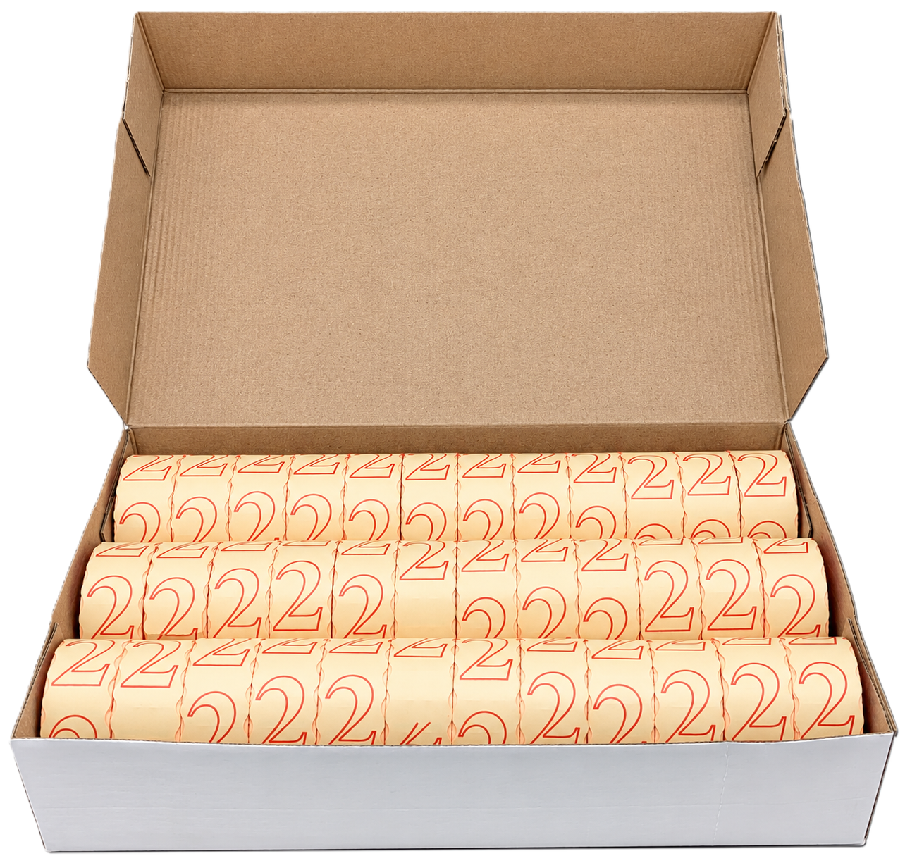 Papierrollen, Kartonverpackung, beige, roter Aufdruck