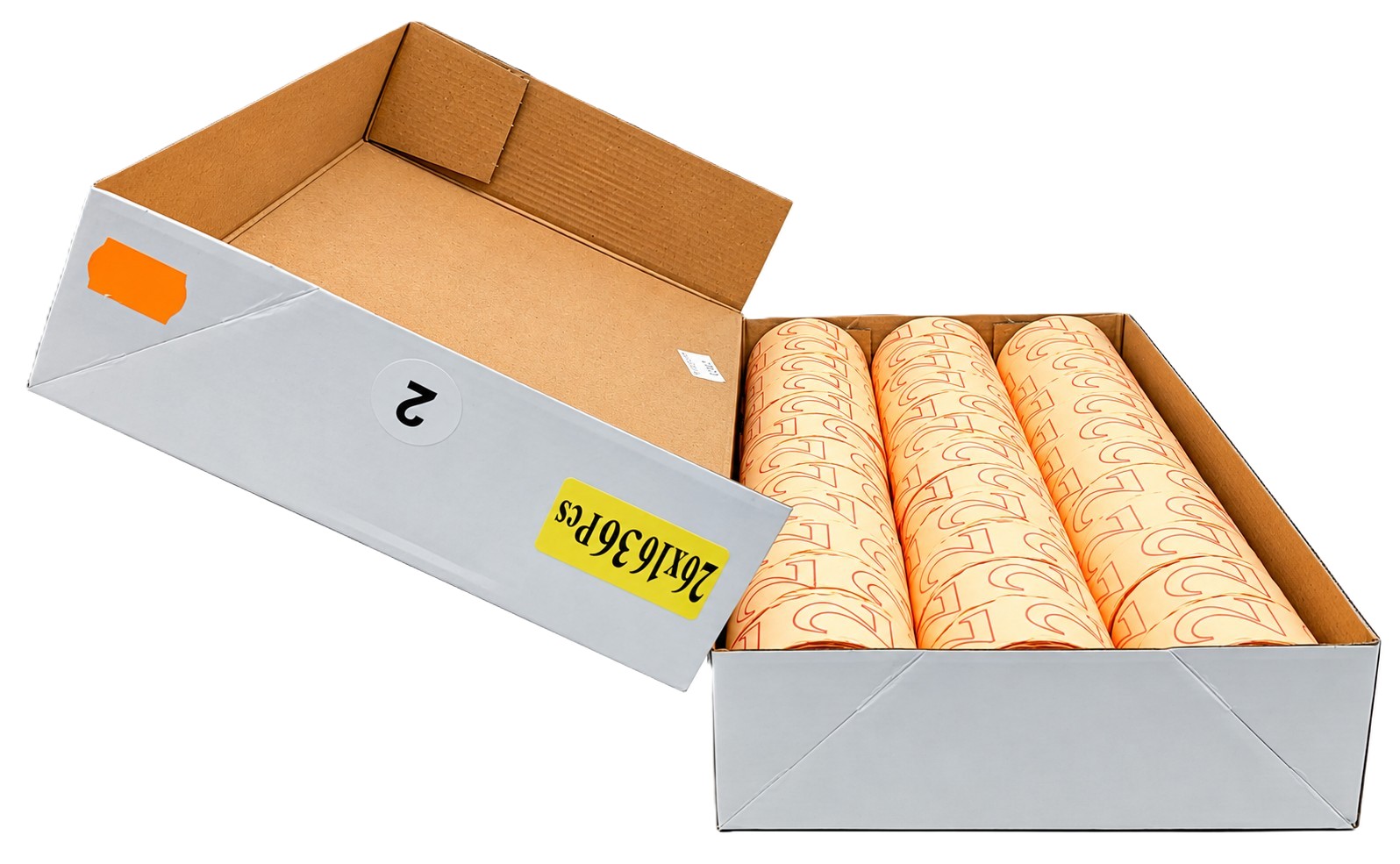 Papierrollen, bedruckt, beige-orange, Dreierpack, Kartonverpackung, Papierrollen, Drei Rollen, Orange Muster, Bedrucktes Papier, Kartonverpackung