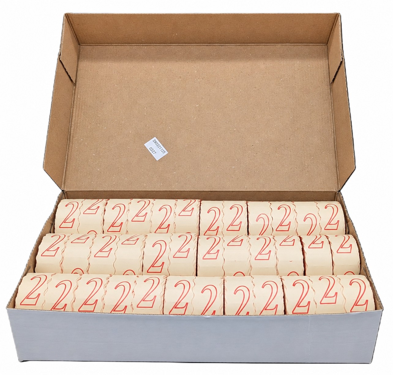 Kartonbox, beige Blöcke, rote Zweier, Papierverpackung, Großpackung, Papierblöcke, beige, rote Aufdrucke, Kartonverpackung
