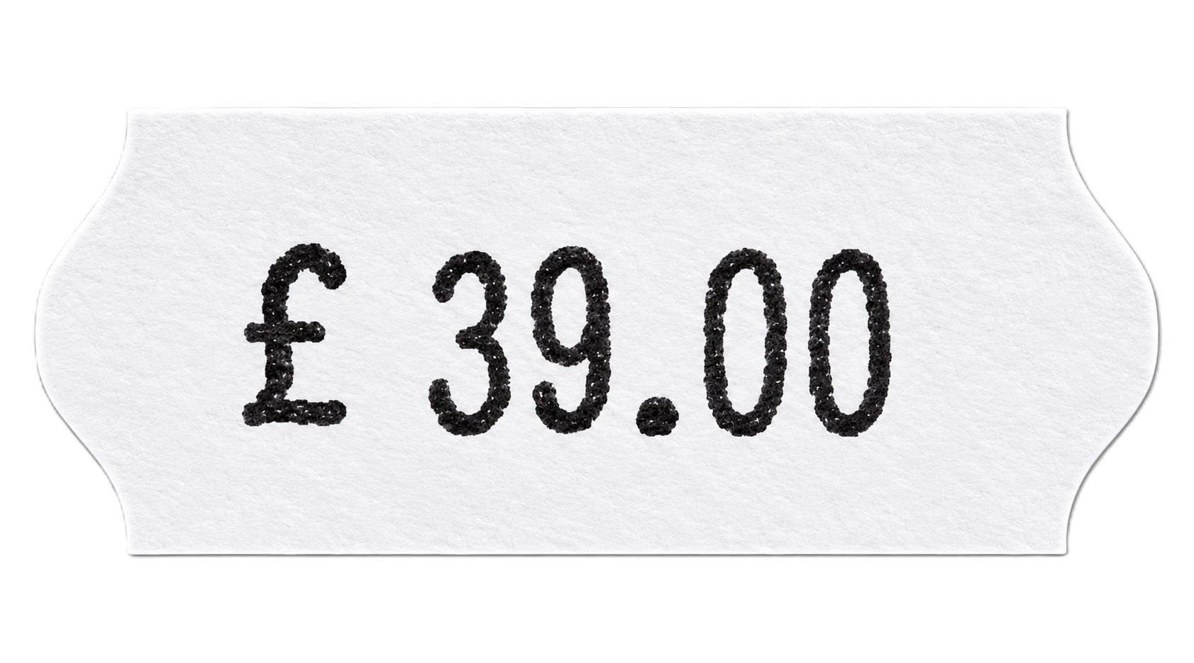 Preisschild, weißes Papier, schwarzer Aufdruck, 39,00 €