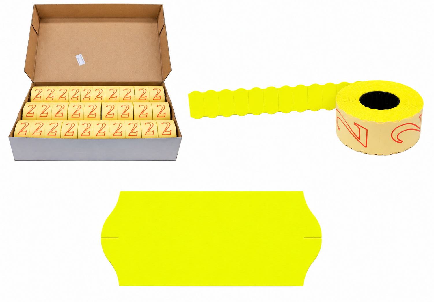 Preisauszeichner-Etiketten, Rollenetiketten, Neongelb, Wellenrand, Ziffer 2, Preisetiketten, Etikettenrolle, Gelb, Wellenrand, Ziffer 2