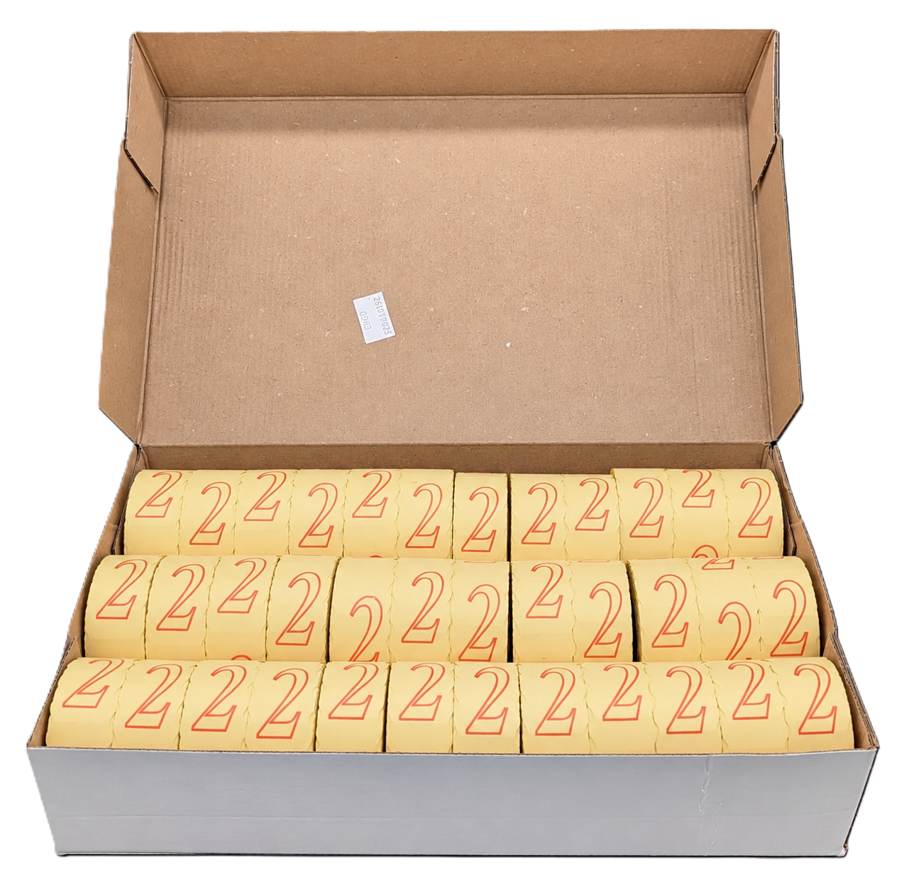 Kartonbox, Papierrollen, beige Papier, rote Aufdrucke, Großpackung