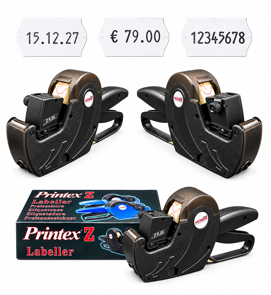 Etikettiergerät, Handpreisauszeichner, Etikettendrucker, schwarz-gold, Datums- und Preisauszeichnung
