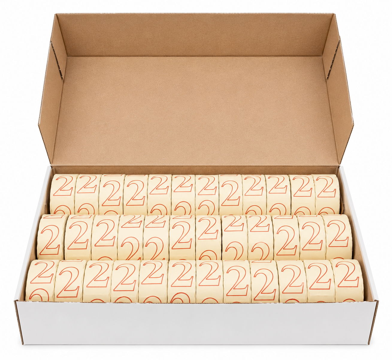 Papierrollen, Beige, Roter Zahlenaufdruck, Bedruckt, Kartonverpackung, Klebebandrollen, Papierband, beige, Zahlenaufdruck, Großpackung