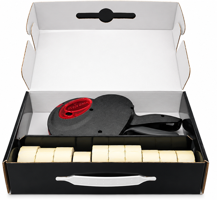 Preisauszeichner, Handetikettierer, schwarz-rot, Etikettenrollen, Raclette-Grill, Grillplatte, schwarzes Gehäuse, Käseportionen, Kartonverpackung